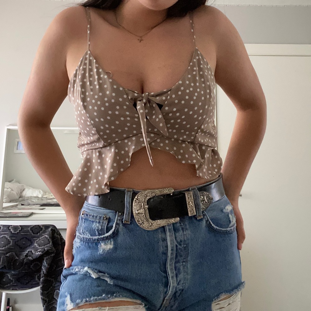 Beige and white polka dot crop top